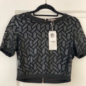 Leather Detailed Crop Top with Sheer Back